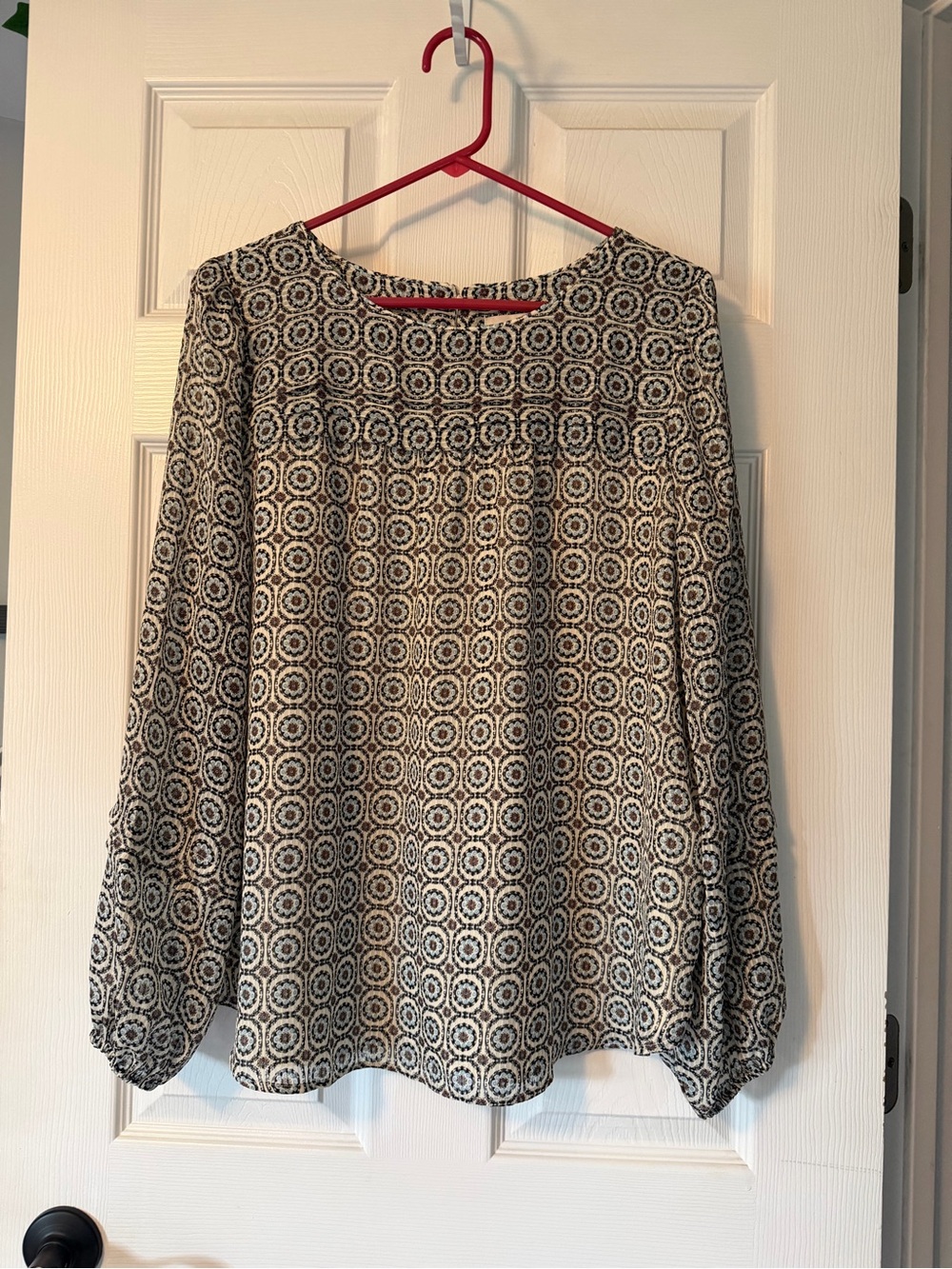 LOFT Blue Multicolor Geometric Long-Sleeve Blouse